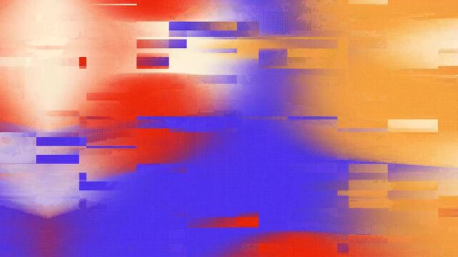 Abstract glitched image with orange, red, and blue colors. Perfect for tech, digital art, background, or futuristic design projects.