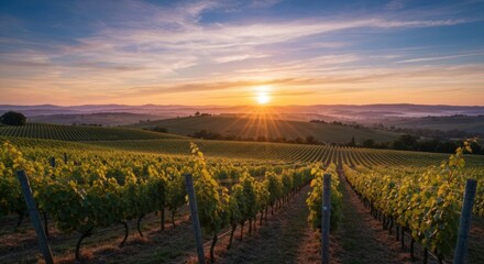 Naklejka premium Vineyard at sunset. Vast rows of grapevines stretch across a hillside, bathed in the golden light of a beautiful sunset