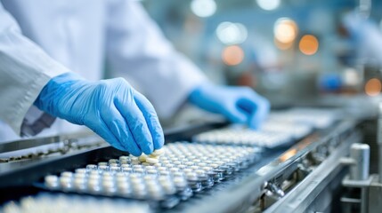 A laboratory worker wearing gloves carefully arranges vials on a conveyor belt in a pharmaceutical facility. The workspace is well-lit, showcasing the production process for medication