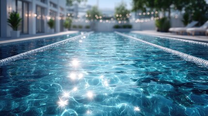 Obraz premium Sparkling Blue Swimming Pool Water Reflecting Sunlight with Building Facade and Trees in Background on Sunny Day with Shimmering Water