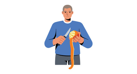 Man deftly peeling a vibrant orange with a knife, showcasing culinary skill and healthy eating in a clean, modern illustration style