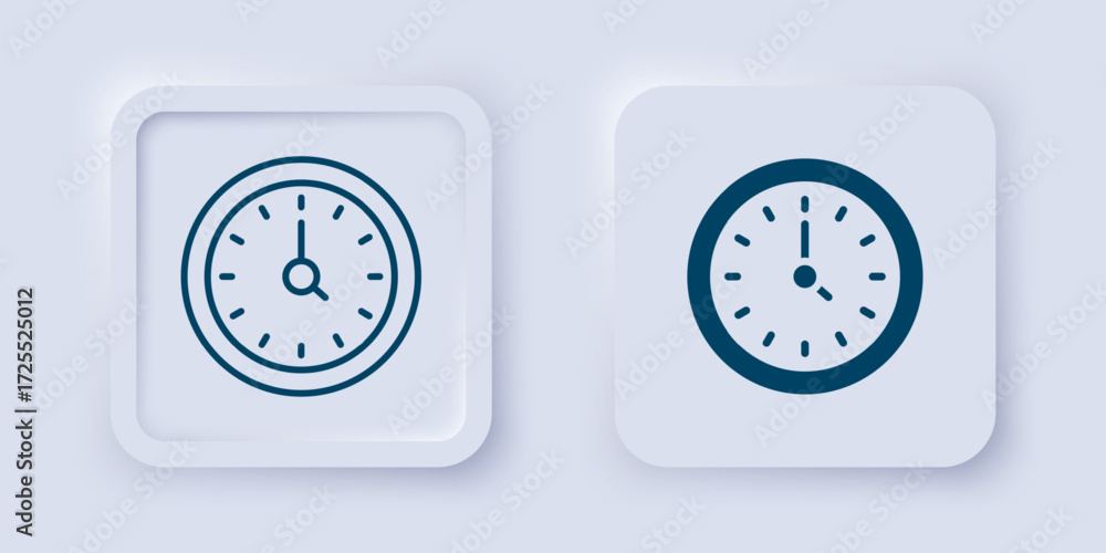 Poster filled and outline clock icon isolated on grey background. time symbol. square button. vector