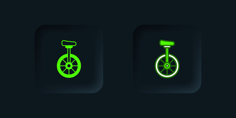 Green Unicycle or one wheel bicycle icon isolated on black background. Monowheel bicycle. Black square button. Vector © Iryna
