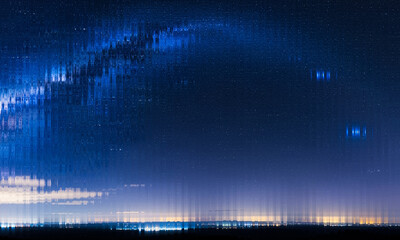 Abstract starry night sky with a distorted, pixelated effect and a glowing horizon © Aivee