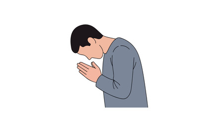 A man bowing with hands clasped, conveying respect, gratitude, or a solemn request in a respectful manner