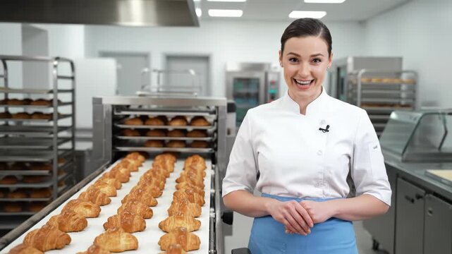 Smiling female baker in a commercial kitchen, surrounded by trays of freshly baked croissants and professional baking equipment