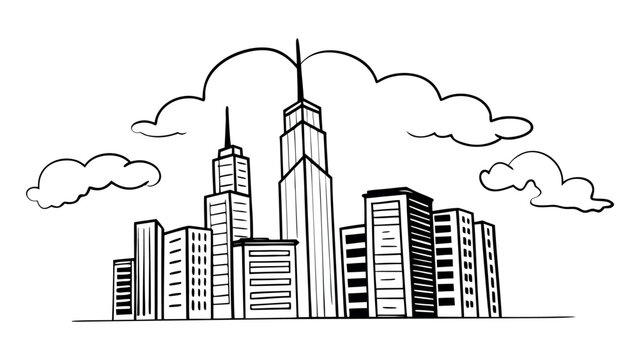 Modern city skyline sketch with dynamic clouds and towering skyscrapers