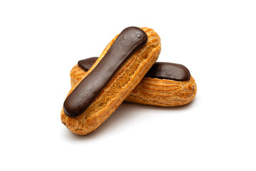 Chocolate eclairs on a white background