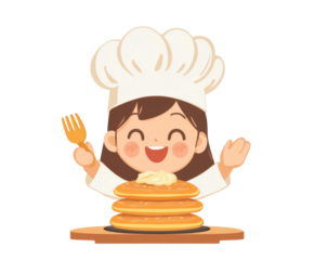 Delightful Animated Character Chef Joyfully Presenting a Stack of Fluffy Pancakes with a Fork, Emphasizing the Joy of Cooking and Delicious Breakfast Treats on transparent background