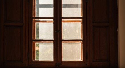 Wooden window shutters with glass panes, light streaming through
