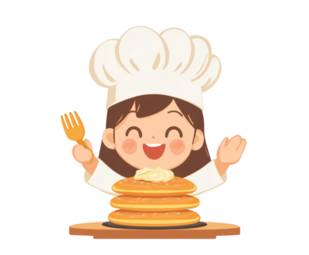 Delightful Animated Character Chef Joyfully Presenting a Stack of Fluffy Pancakes with a Fork, Emphasizing the Joy of Cooking and Delicious Breakfast Treats on transparent background
