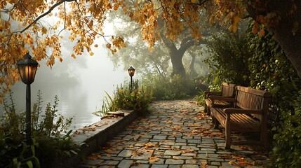 Obraz premium Beautiful autumn park scene with benches and street lamps near lake for peaceful nature walk scenery
