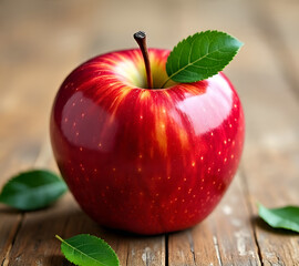Closeup of a shiny red apple with a green leaf on a wooden surface