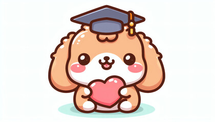 Fototapeta premium Cute kawaii puppy in a graduation cap holding a heart, vector illustration.