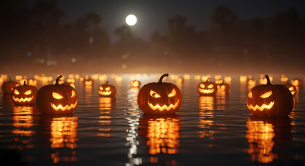 Illuminated jack-o'-lanterns floating on water under moonlight