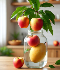 Apples and a mango in a jar with water on a kitchen counter