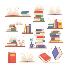 Cartoon books set. School textbooks with bookmarks, open and stacked books, library and bookshelf elements for reading, study, and education concepts. Isolated vector collection. © Uttpol Saha