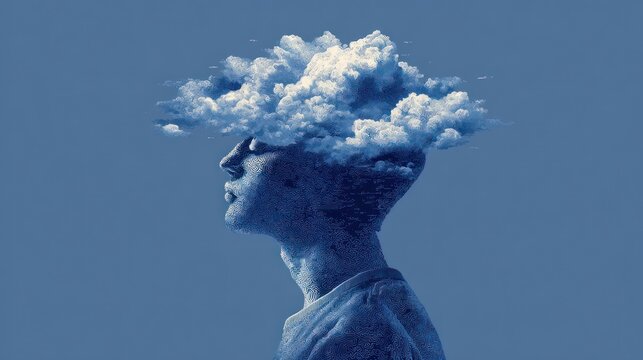 Man with a cloud on his head, profile view