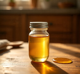 Jar of homemade honey on a wooden table with a spoon and sunlight