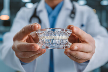 Doctor holding transparent dental night guard or mouthguard over its case