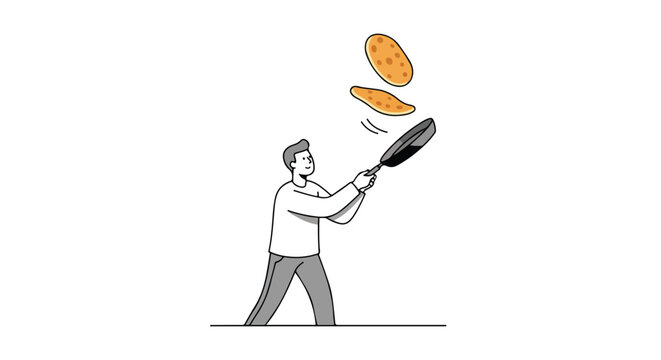 Man skillfully tossing golden pancakes with a pan showcasing breakfast preparation and culinary skills with a minimalist illustration concept