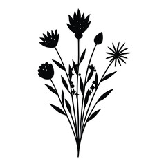Elegant bouquet of wildflowers and leaves black silhouette vector illustration