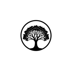 Naklejka premium Silhouette of a tree with wide branches in a circular frame, black on white, logo design.