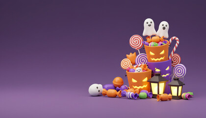 Obraz premium 3D rendered halloween corner composition showcasing a playful candy bucket scene with glowing lantern and tiny ghost character, Perfect for children’s greeting cards, halloween party invitations