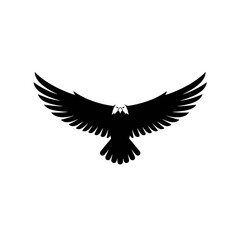 Obraz premium Silhouette of a flying eagle with wings spread wide, simple and bold, black on white, flat vector logo.