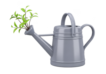 Classic metal watering can spouts vibrant green leaves for garden growth transparent background