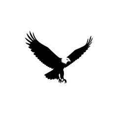 Fototapeta premium Silhouette of a flying eagle with wings spread wide, simple and bold, black on white, flat vector logo.