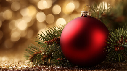 Red bauble with pine branch and golden festive background