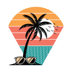 Retro Style Tropical Logo with a Central Palm Tree