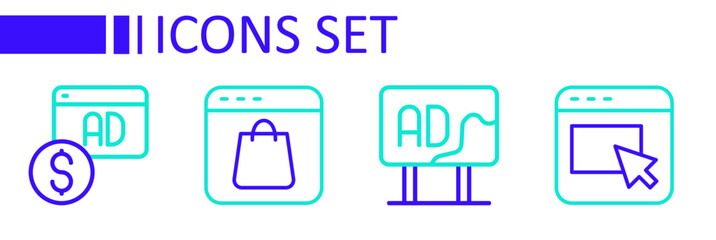 Set line Advertising, Online shopping on screen and icon. Vector