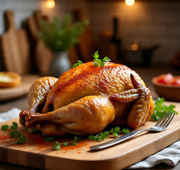 Roasted chicken on a wooden board with parsley and a fork on the side