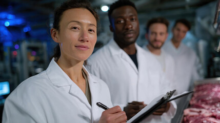Fototapeta premium A diverse team of professionals in lab coats works together in a food processing environment, showcasing teamwork and dedication to quality and safety in their tasks.
