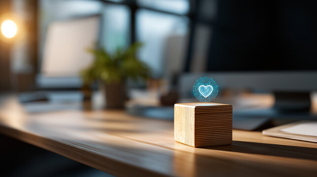 A workplace scene features a wooden block with an empathy icon hyper realistic symbol of partnership with clear details moody shadows on a desk bright saturation in leadership