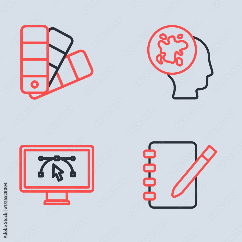 Poster set line paint spray, computer with design program, notebook and color palette guide icon. vector