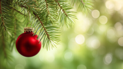 Red bauble on pine branch with bright green background