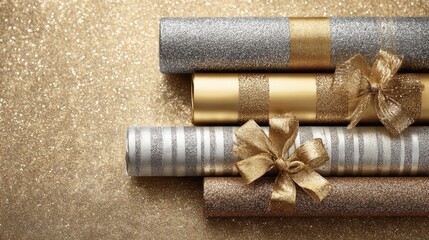 Fototapeta premium Rolls of glittery gold and silver wrapping paper. shiny metallic and glitter Christmas wrapping paper with matching ribbons, glamorous holiday vibe