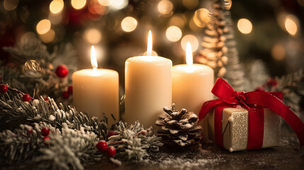 Christmas candles with gifts and pine decorations