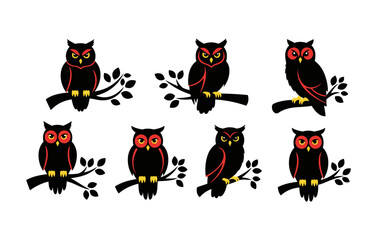 Vector art of collection of stylized owls perched on branches