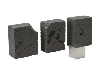 Three raw dark grey architectural concrete fragments with granular textures & oxidized iron, polished reflective steel cube on transparent studio background, high-key lighting, concept of minimalist