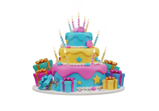 Whisk image of a colorful multi-tiered birthday cake with gifts and candles transparent background