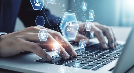 Hands typing on a laptop with a digital ' Skill Gap' interface and icons education learning