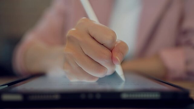 Technology concept with female hand holding digital stylus pen on touchscreen tablet for professional or personal use