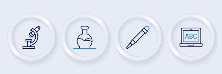 Set line Laptop, Pencil with eraser, Test tube and Microscope icon. Vector