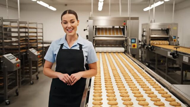 Cookie Production Factory Worker Overseeing Automated Baking Line