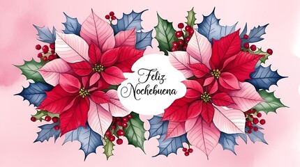 Feliz nochebuena poinsettia wreath with red poinsettias, holly berries and silver leaves, watercolor floral frame surrounding central greeting, elegant christmas card and seasonal banner artwork
