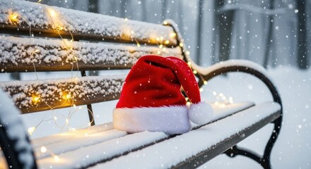 Naklejka premium Santa hat rests on a snow covered bench with fairy lights in winter scene